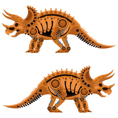 Triceratops drawing in steampunk style. Vector illustration on the theme of dinosaurs on a white isolated background.
