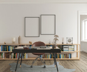modern contemporary study are with mockup poster. 3D Rendering