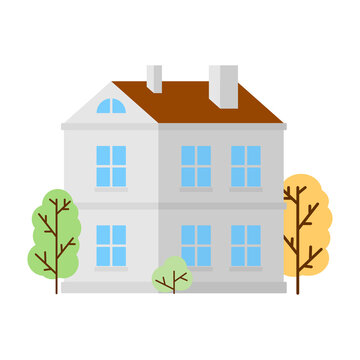 Image of a cute two-story house with trees. Cartoon illustration of a white house. Vector on pure white background.