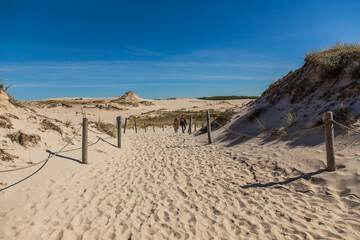 Dunes in the Slowinski National Park. Landscape with beautiful sky, clouds and dunes in the sun in...