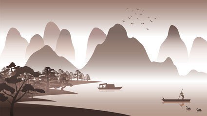 Fototapeta na wymiar Silhouette design of China nature scenery with computer art