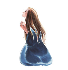 Watercolor of a girl praying or meditating. Digital art painting.