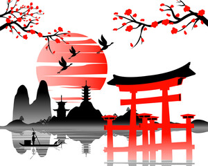 Japanese art with ancient design of Torii gate and the beautiful nature of Japan - obrazy, fototapety, plakaty