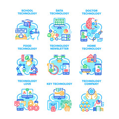 Technology Company Set Icons Vector Illustrations. School And Data Technology, Newsletter Delivery And Food Researching, Doctor Examination And Digital Key Development Color Illustrations