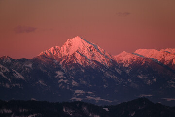 Storzic mountain in red sunset in Slovenia