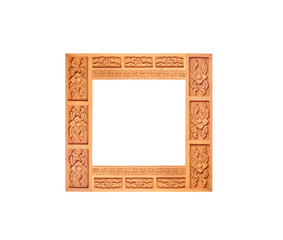 Brown woood  picture frame with carving flower patterns in square shape isolated on white background , clipping path - Powered by Adobe