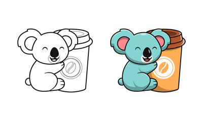 Cute koala with coffee cartoon coloring pages for kids