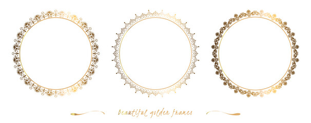 Set golden round frames. On white background. Collection of vector templates. Modern style. Vintage vector illustration. Festive decor.
