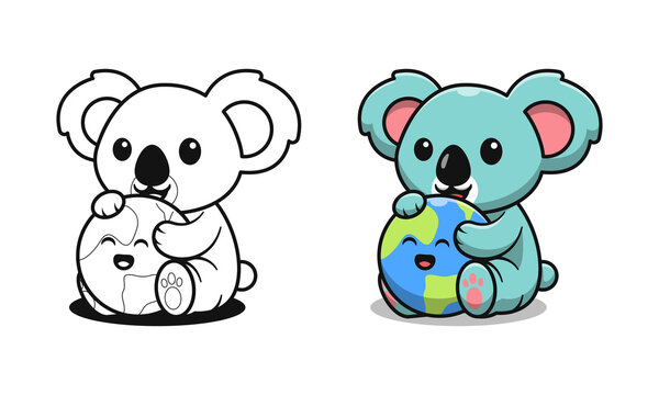 Cute koala with earth cartoon coloring pages for kids