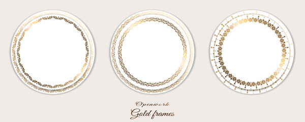 Set golden round frames. On white background. Collection of vector templates. Modern style. Vintage shiny illustrations. Festive decor.