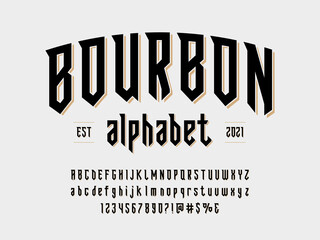 Modern gothic style alphabet design with uppercase, lowercase, numbers and symbols