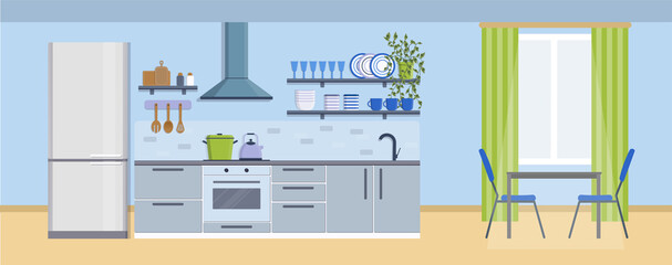 Cozy kitchen interior with table, window, stove, cupboard, dishes and fridge. Furniture design banner concept. Dining area in the house, kitchen utensils. Illustration slide for furniture site