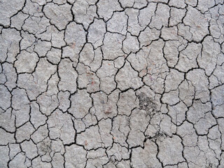 Full screen texture of gray cracked earth. Many small deep cracks in the clay soil. The concept of drought and heat, the destruction of the ground. Image for editing and design.