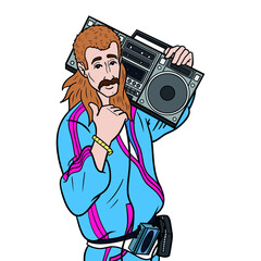 casual man with mullet and training jacket holds boombox on his shoulder. upper body, 80s, isolated.