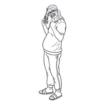 recommend clip art: man with mullet and old phone in hand. 80s, monochrome, comic.