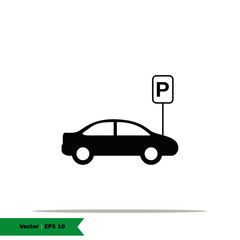 Car With Parking Icon Illustration Logo Template. Transportation Parking Lot Sign Symbol. Vector Flat Icon EPS 10