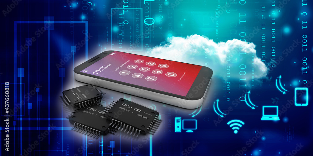 Aufkleber 3d rendering microchips with mobile phone