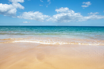 Fototapeta na wymiar Calm sea beach background. Summer tropical beach with sand. Ocean water. Natural seascape.