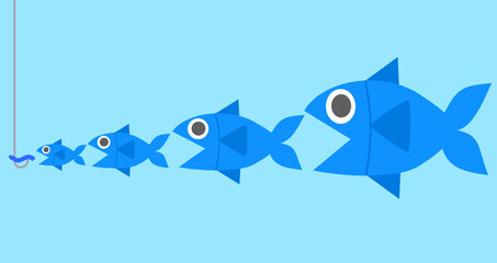 Big fish eat little fish.Food chain.Fish with bait.Shark in the sea.Business concept.Flat cartoon.Sign, symbol or logo isolated.Poster or presentation.Vector illustration.Underwater and background.