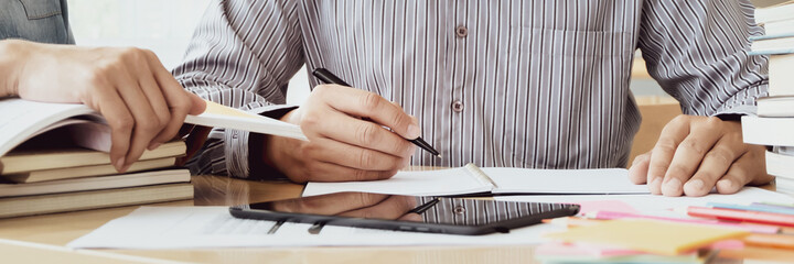 Mentor training colleagues discuss with student. teacher and education concept