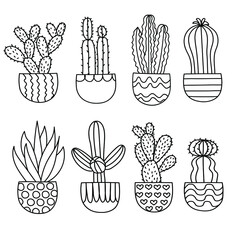 Fototapeta premium Hand drawn cute cactus plant set on white background. Vector illustration in doodle art style