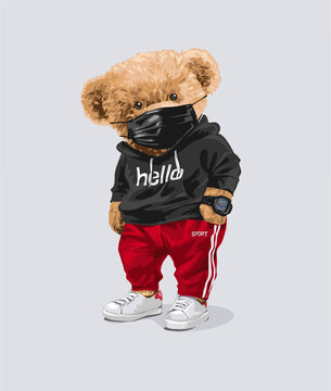 cute bear doll in black face mask and track pant vector illustration