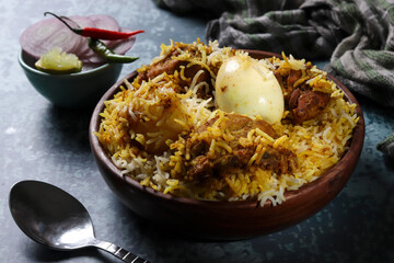 Biriyani rice with chicken, potato and boiled egg