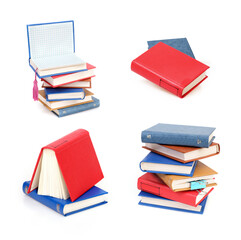 Stack of books in colour covers with white sheets isolated on a white background