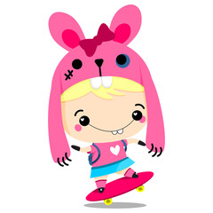 Kawaii skate girl on the pink skateboard