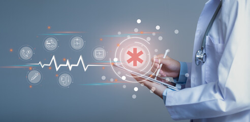 Emergency Medical Services concept. Doctor hand holding tablet and icon emergency medical network...