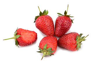 Four whole ripe strawberries and one with a piece bite off
