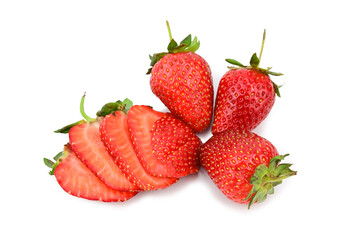 Three whole ripe strawberries and one cut into thin slices