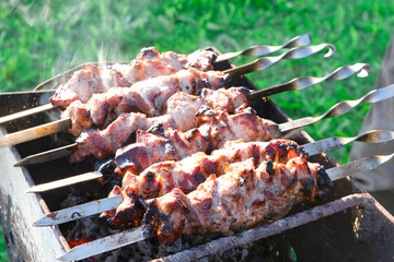 Shish kebab on the grill on the street.