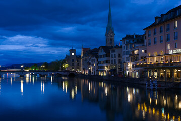 Church Fraumünster (Women's Minster) at the old town of Zurich at Saturday night at summertime. Photo taken June 5th, 2021, Zurich, Switzerland.