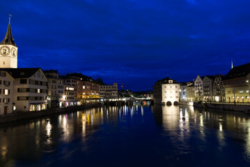 Fototapeta na wymiar Old town of Zurich by night with river Limmat at summertime. Photo taken June 5th, 2021, Zurich, Switzerland.