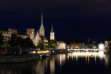 Fototapeta na wymiar Old town of Zurich by night with river Limmat at summertime. Photo taken June 5th, 2021, Zurich, Switzerland.