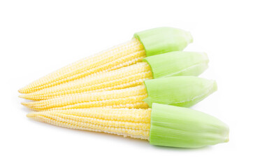 Delicious freshness baby corn on white background.