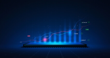 Market chart of business glowing stock graph or investment financial data profit on digital tablet screen display background with diagram exchange information. 3D rendering.