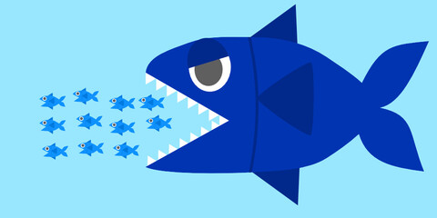 Big fish eat little fish.Food chain.Shark in the sea.Business concept.Flat cartoon.Sign, symbol or logo isolated.Poster or presentation.Vector illustration.Underwater and background.