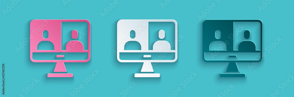 Poster paper cut video chat conference icon isolated on blue background. computer with video chat interface