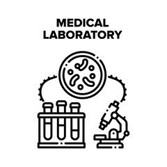Medical Laboratory Research Vector Icon Concept. Medical Laboratory Equipment And Flask With Liquid Samples For Researching Analysis And Discovering Pharmacy For Virus Treatment Black Illustration