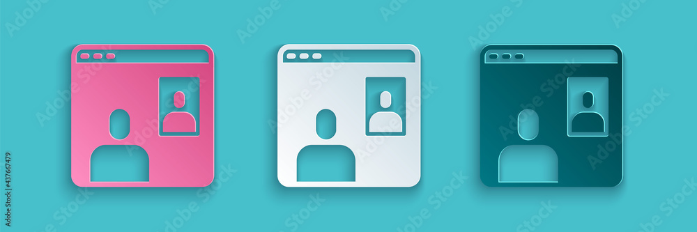 Poster paper cut video chat conference icon isolated on blue background. computer with video chat interface