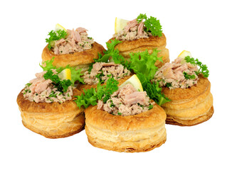 Tuna fish filled puff pastry vol au vents isolated on a white background