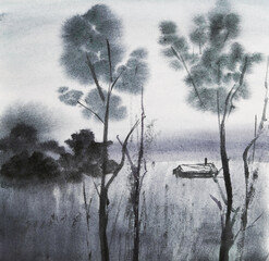 watercolor nature and landscape. graphic  nature and tree. river and sky. simple illustration of landscape