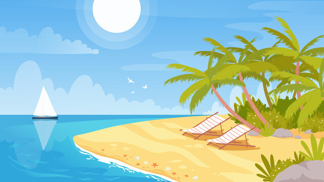 Tropical island landscape, bay sea shore scenery vector illustration. Cartoon idyllic holiday paradise scene, resort lounges and palm trees, sailing ship in blue sea waters on horizon background