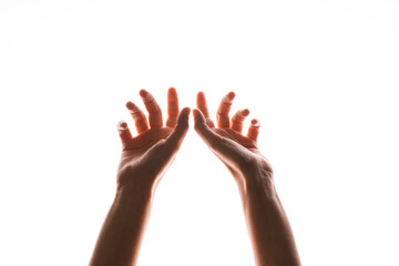Hand gestures. Elegant female hands reach up, isolated on white,