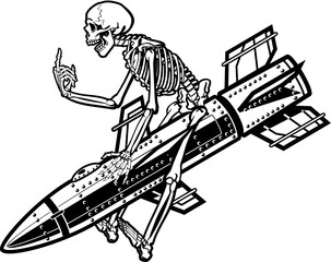 illustration of skeleton riding on a missile