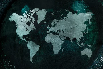 Poster world map in rusty grunge background © maodoltee