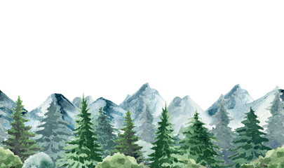 Mountain landscape seamless border. Watercolor illustration. Hand drawn realistic wild nature pine, mountain scene border. Green forest endless element. Northern nature border on white background
