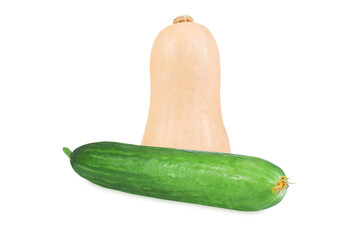 Cucumber and butternut squash isolated on white background